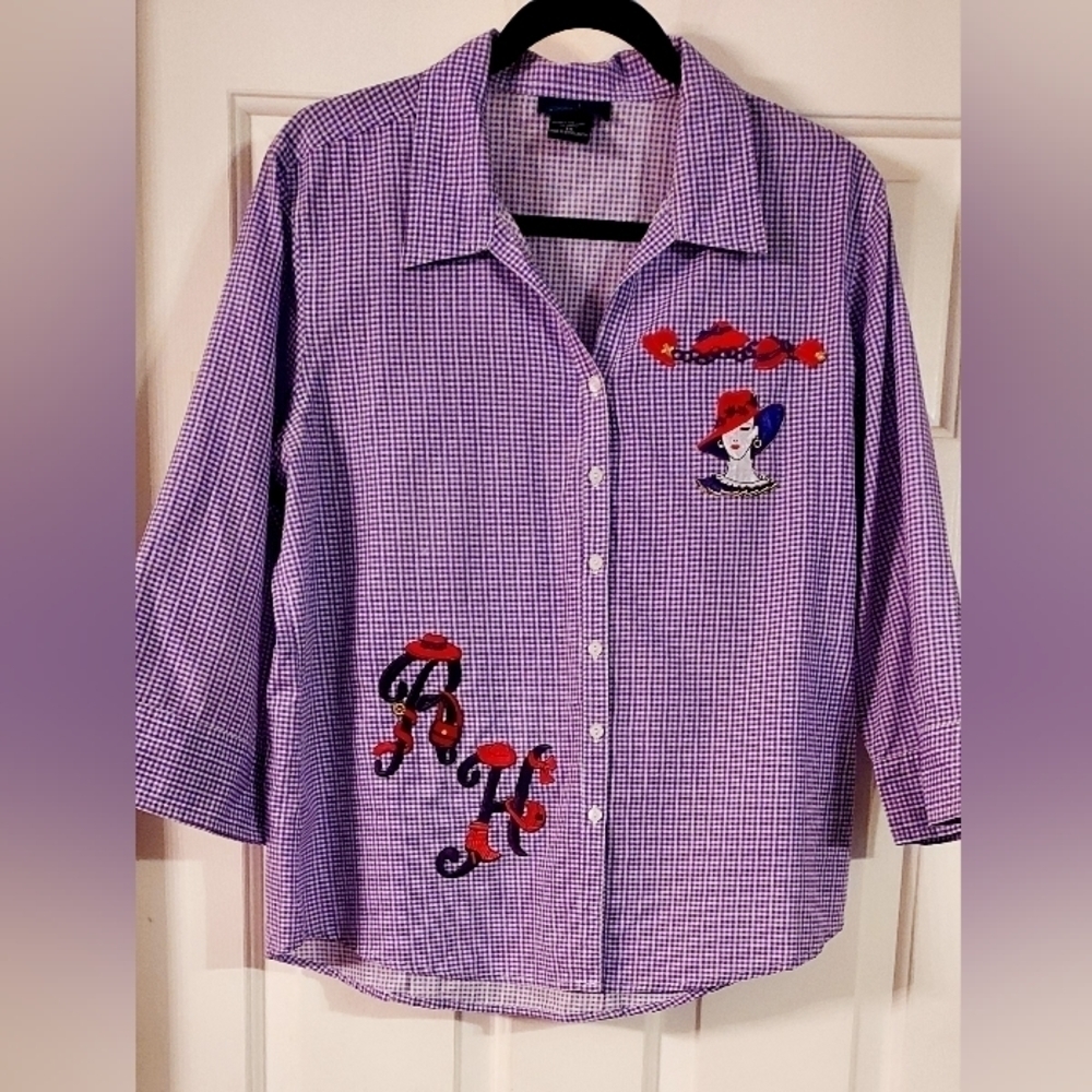 VINTAGE Las Olas Purple Checkerd Button Down Shirt Size M